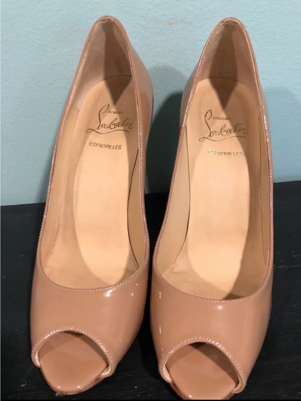 Christian Louboutin Nude Patent Peep-Toe Espadrille Wedge size US 5 EU 35
